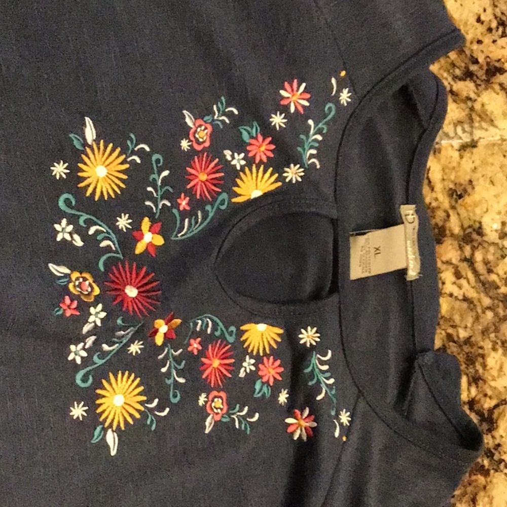Navy shirt; mid-sleeve with cut out shoulders